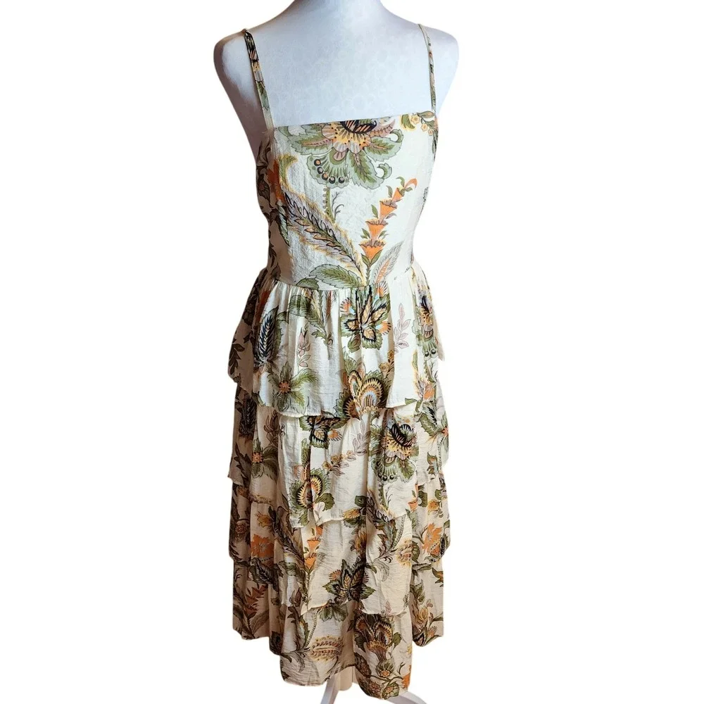 MSK Womens Floral Paisley Tiered Midi Dress Orange Green Smocked Back Large NWT